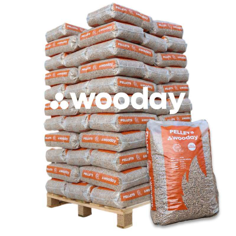 pellet-wooday-palette-de-65-sacs-de-15-kg.png Pellets Wooday - Palette de 65 sacs de 15 kg – Granulés de bois premium en palette – Image 1